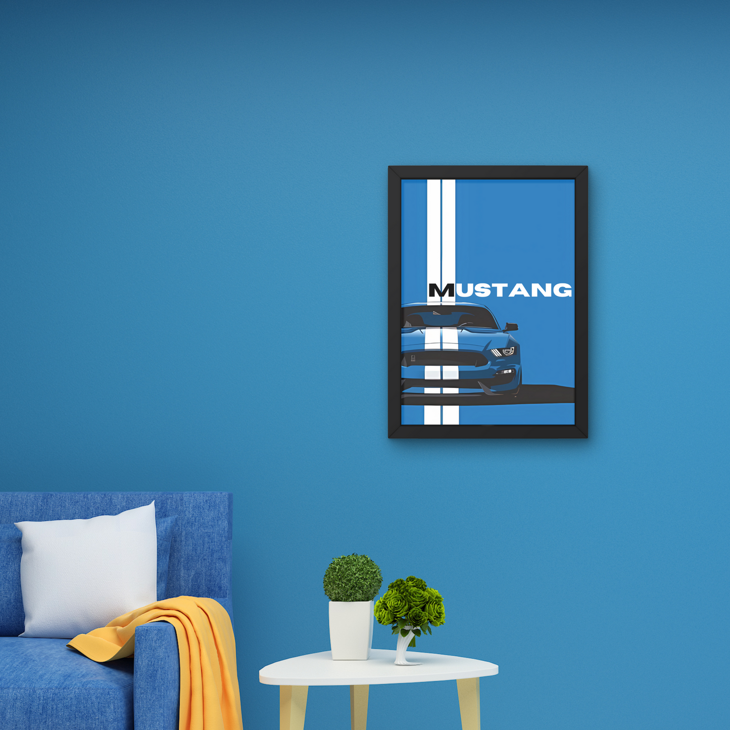 Mustang wall art featuring a blue sports car with bold white racing stripes, designed for modern wall decor in car enthusiasts' spaces.