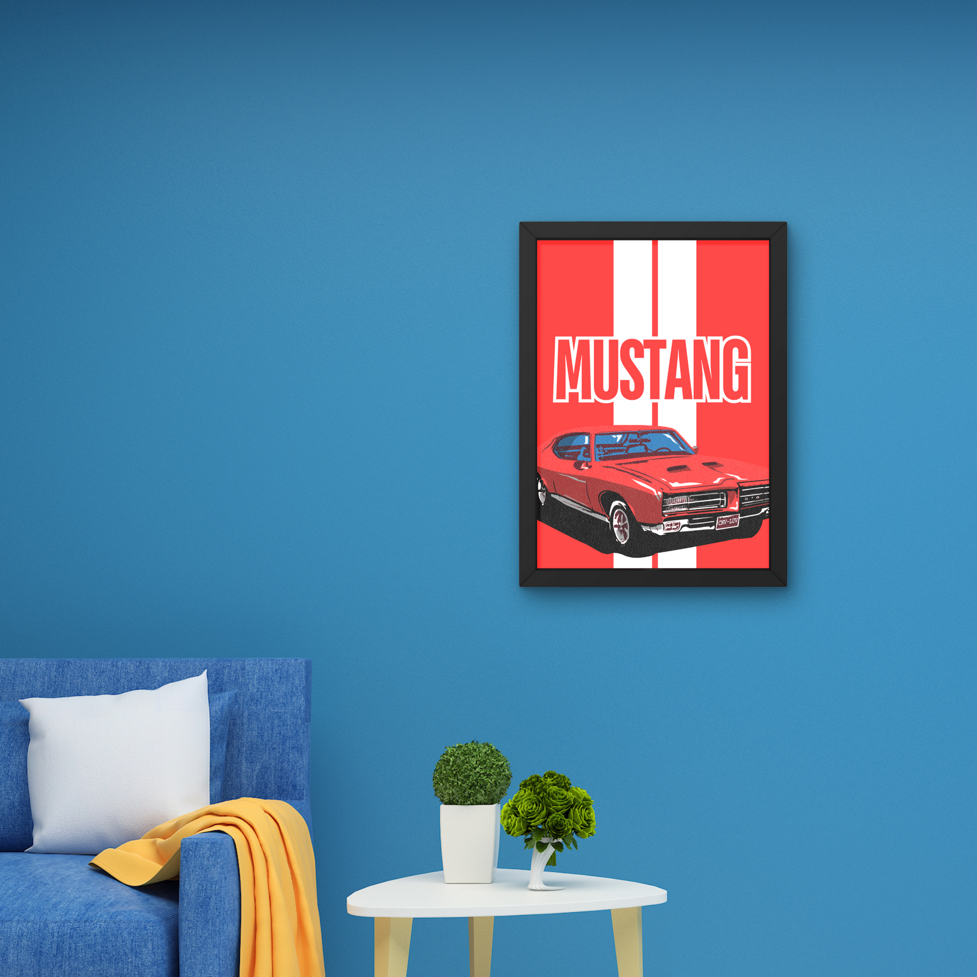 Mustang wall art poster featuring a red classic car, designed for modern wall decor or automotive-themed spaces.