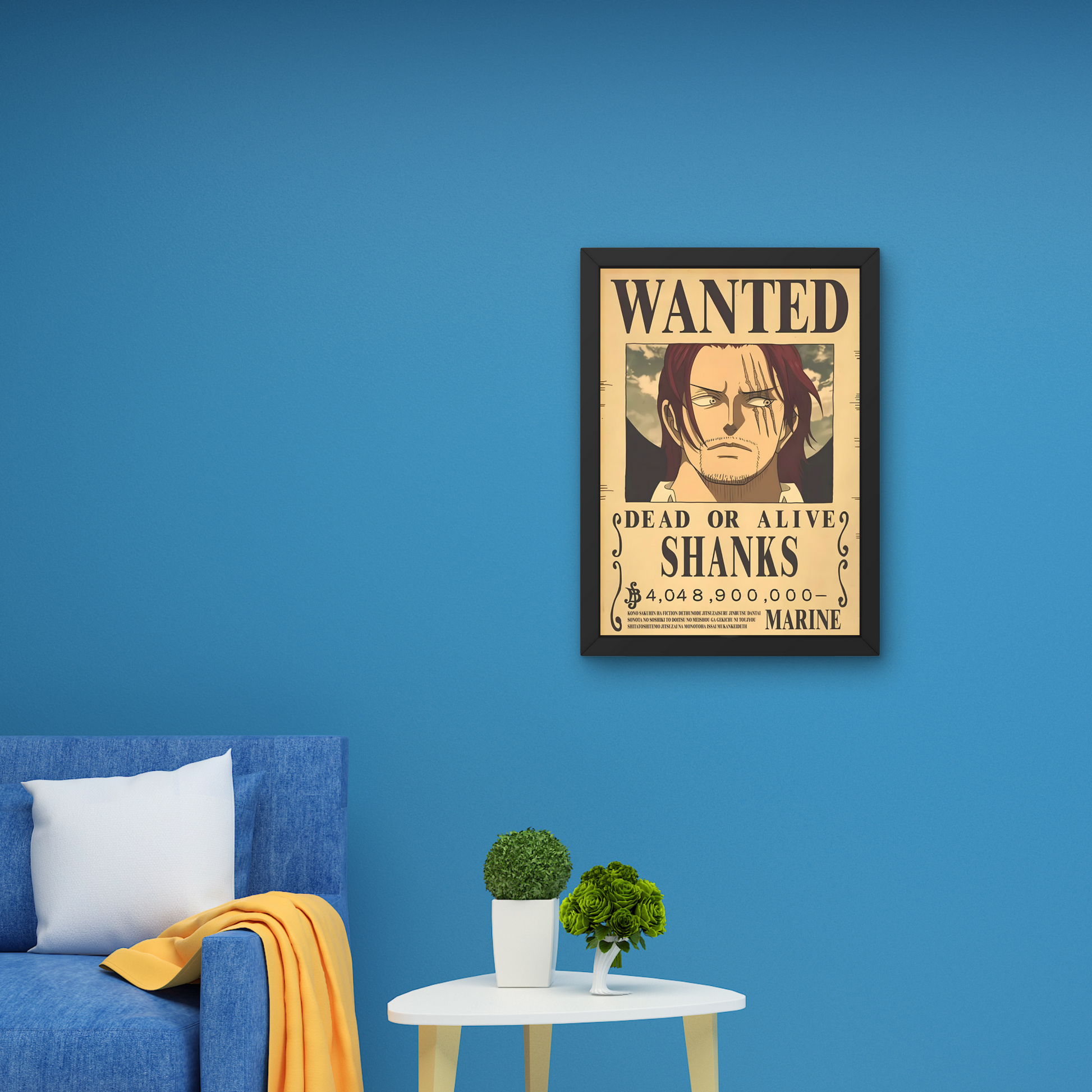 Framed wall art featuring Shanks' wanted poster from One Piece, ideal for anime wall decor and modern wall poster design for bedrooms or living rooms.