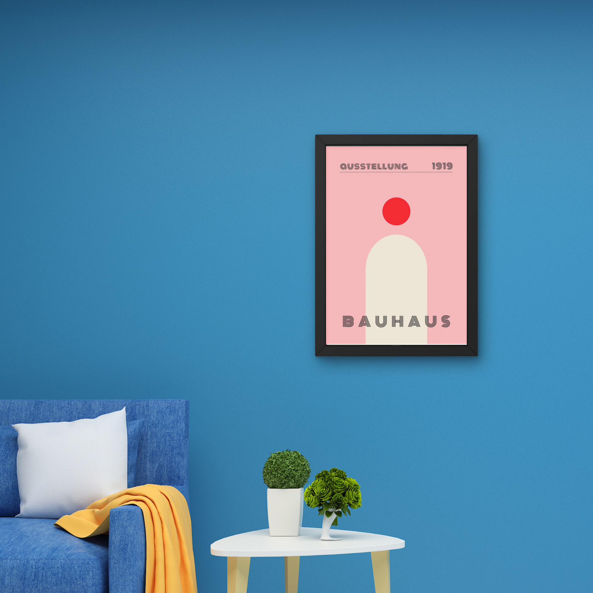 Framed Bauhaus-style wall art with a minimalist red dot and abstract shape, ideal for modern home decor




