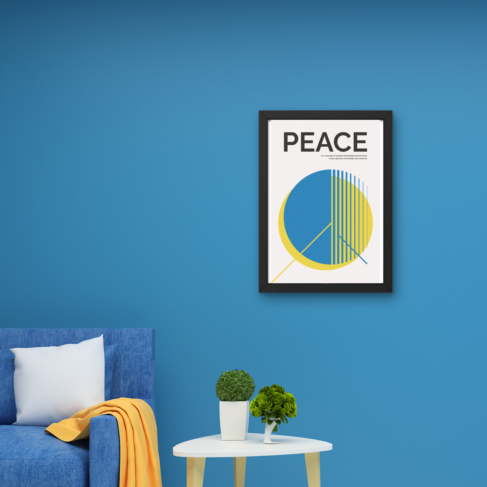 Minimalist wall art featuring a peace symbol in blue and yellow, framed for contemporary wall design.



