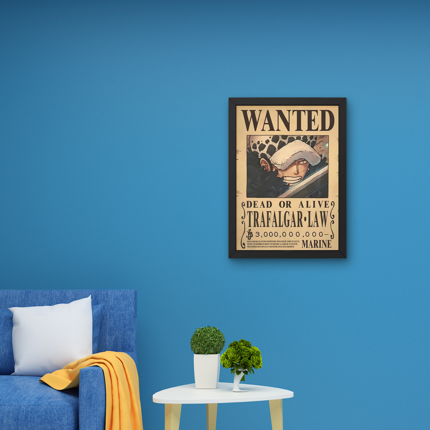 Framed wall art featuring Trafalgar Law's wanted poster from One Piece, perfect for anime wall decor and modern wall poster design for bedrooms or living spaces.