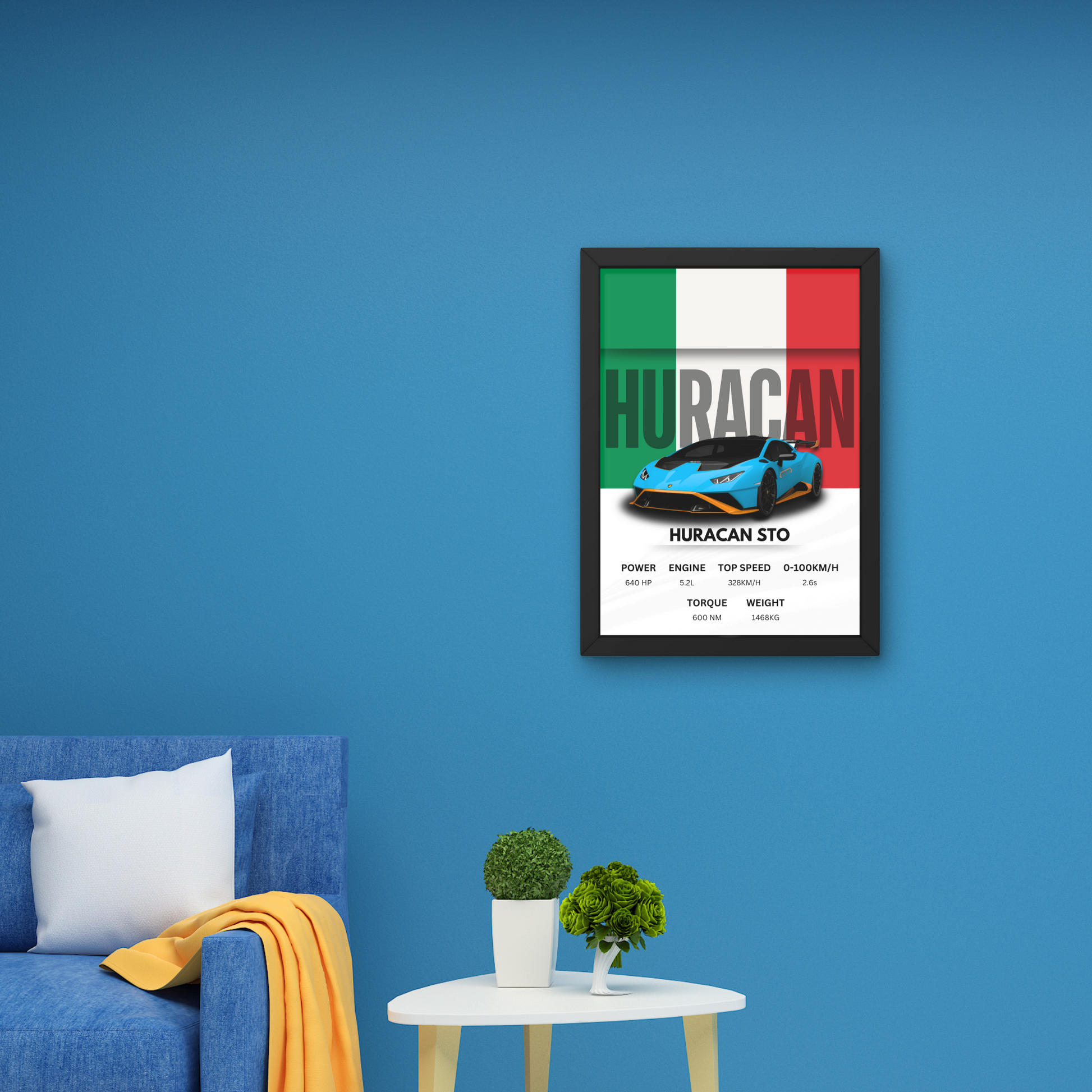 Huracan STO wall art poster with performance specs, ideal for modern wall decor or automotive-themed spaces.