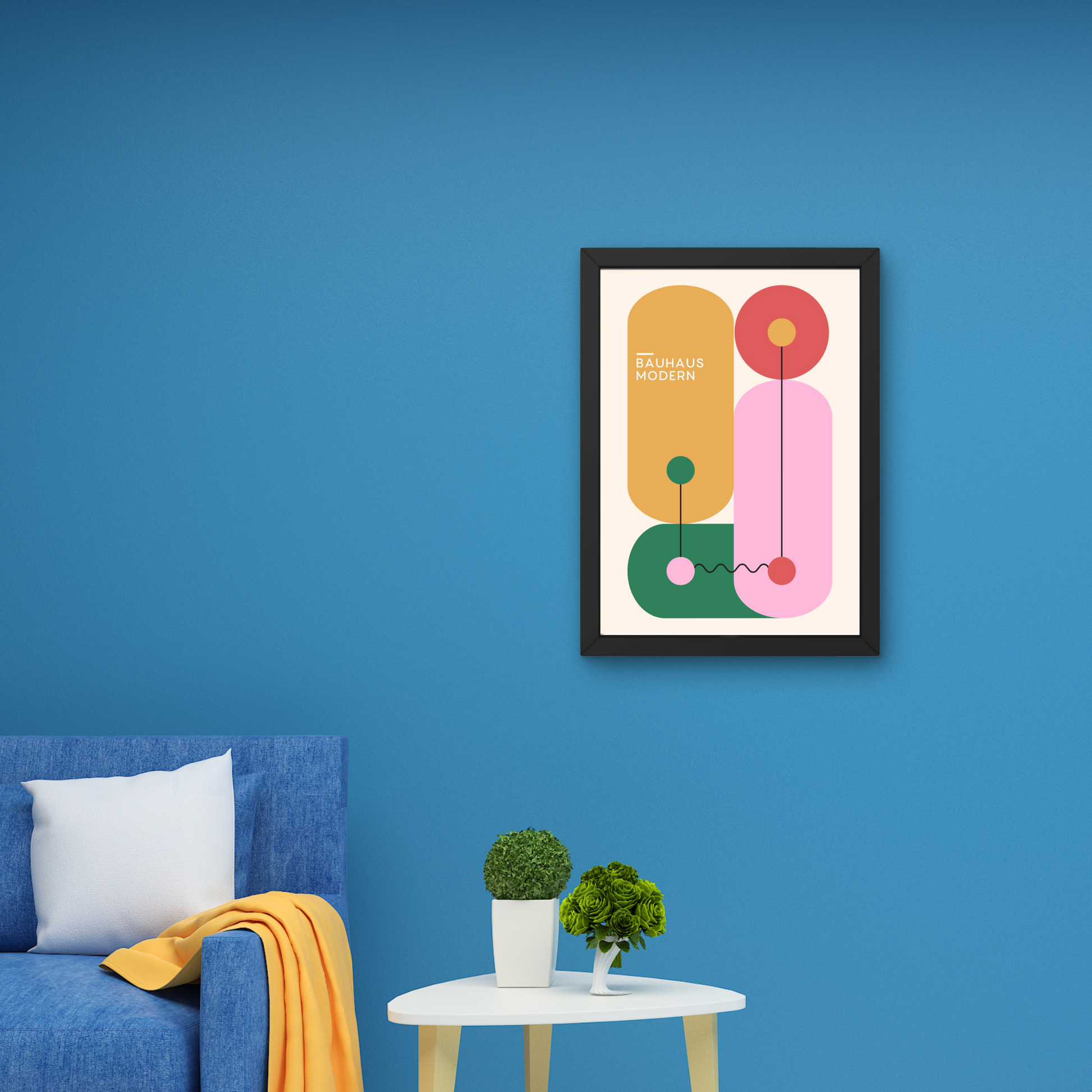 Bauhaus-inspired abstract poster with modern geometric shapes in pink, yellow, and green, ideal for a contemporary wall accent.



