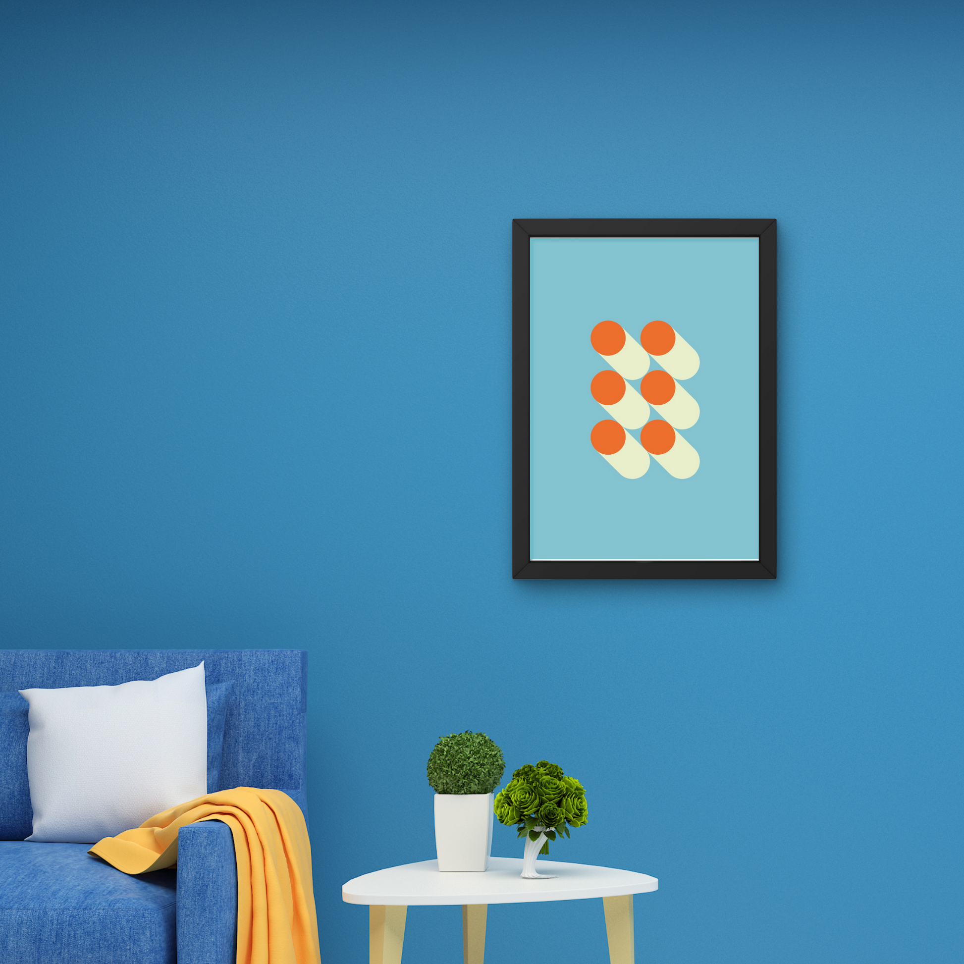 Minimalist abstract poster with six cylinder shapes in orange and cream on a blue background, framed for modern wall decoration.



