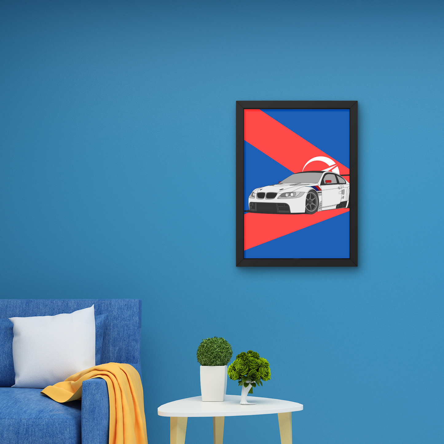 Illustrated white sports car with red and blue background, designed as modern wall art and wall decor for automotive enthusiasts.