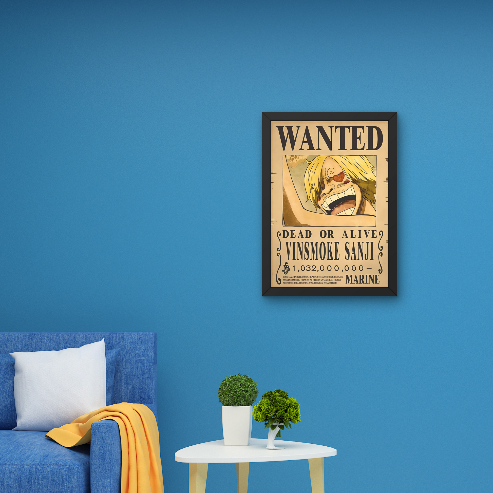 Framed wall art featuring Vinsmoke Sanji's wanted poster from One Piece, ideal for anime wall decor and unique wall poster design for modern interiors.