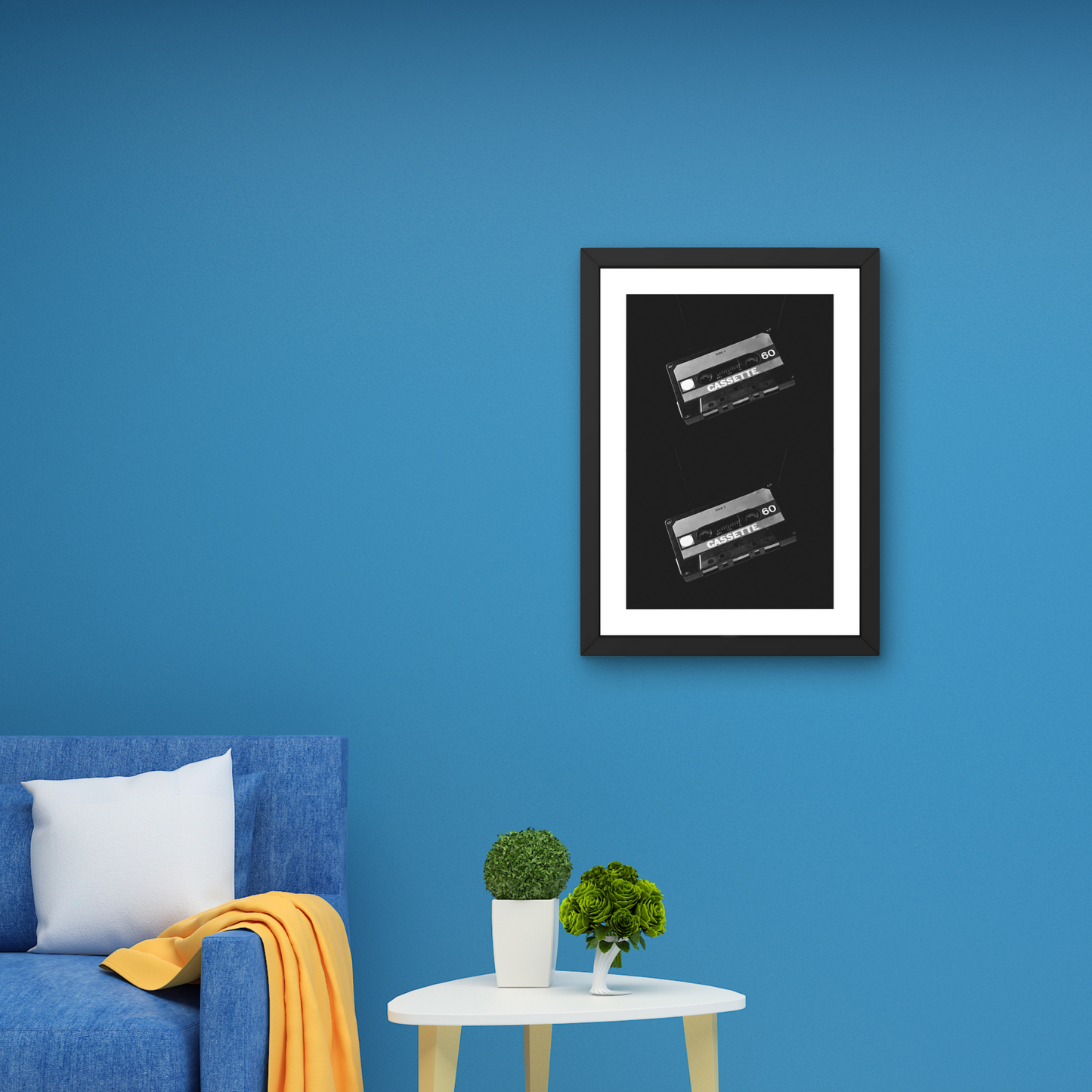 Retro wall art featuring two classic cassette tapes in black and white for nostalgic decor.



