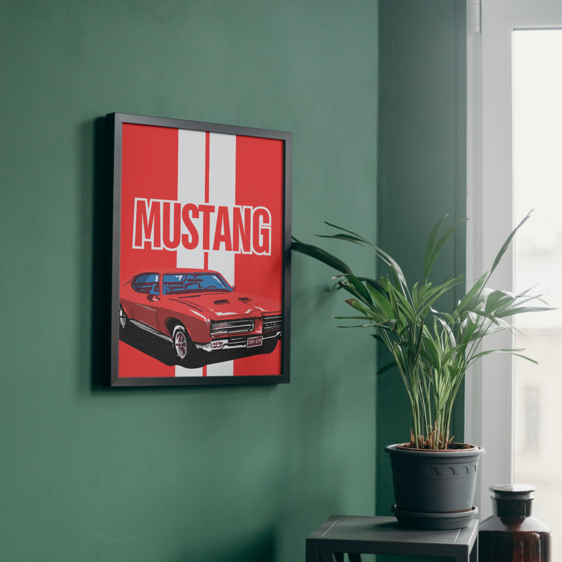 Mustang wall art poster featuring a red classic car, designed for modern wall decor or automotive-themed spaces.