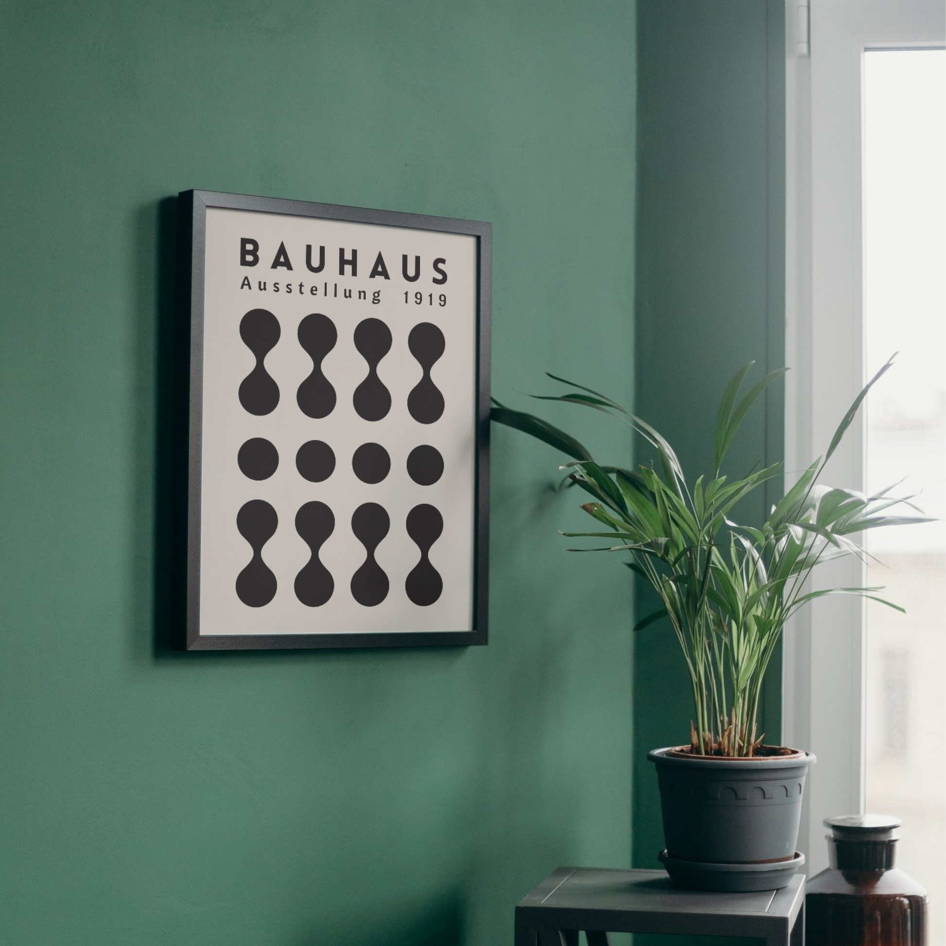 Minimalist Bauhaus exhibition poster in black and beige with abstract shapes, framed for modern wall decor.




