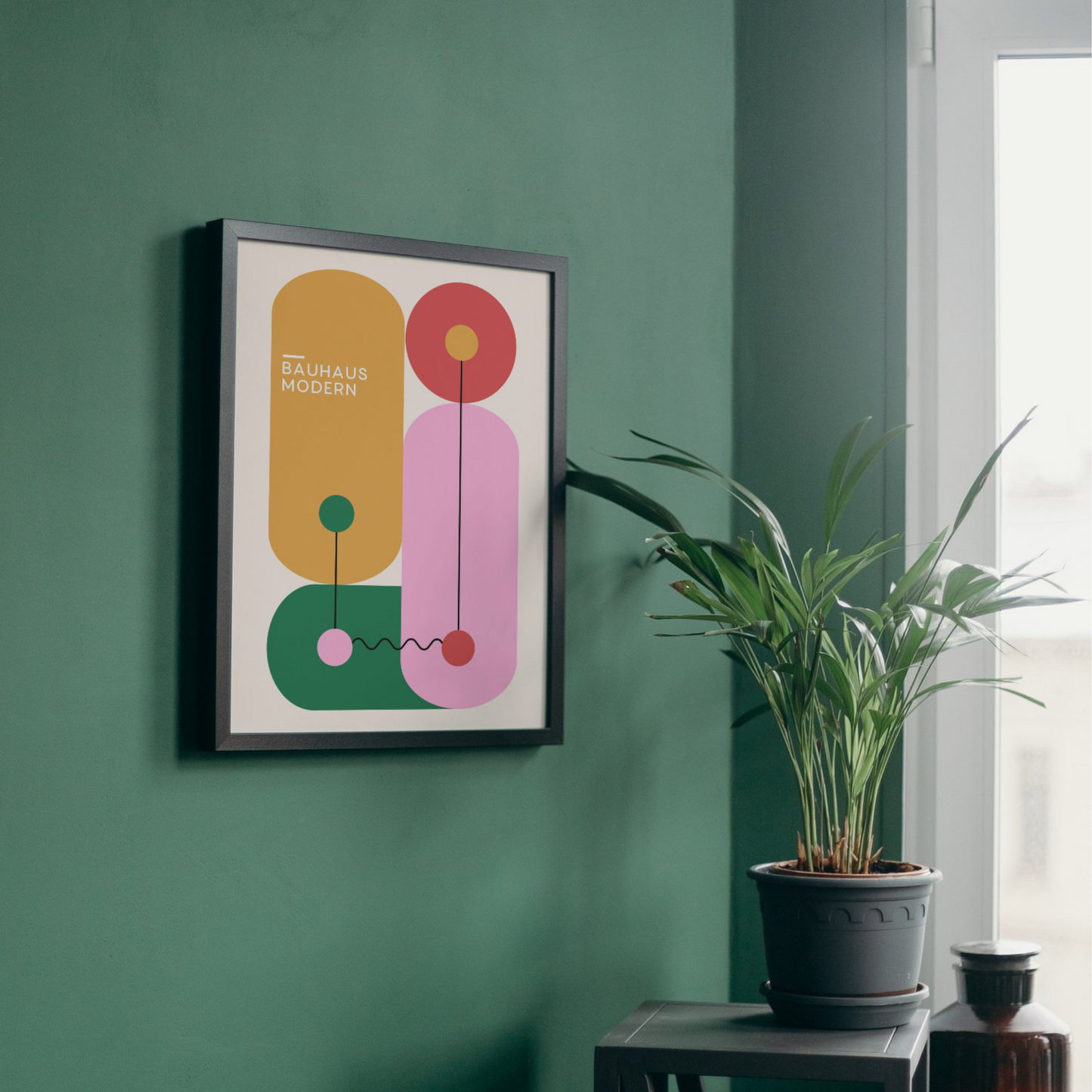 Bauhaus-inspired abstract poster with modern geometric shapes in pink, yellow, and green, ideal for a contemporary wall accent.



