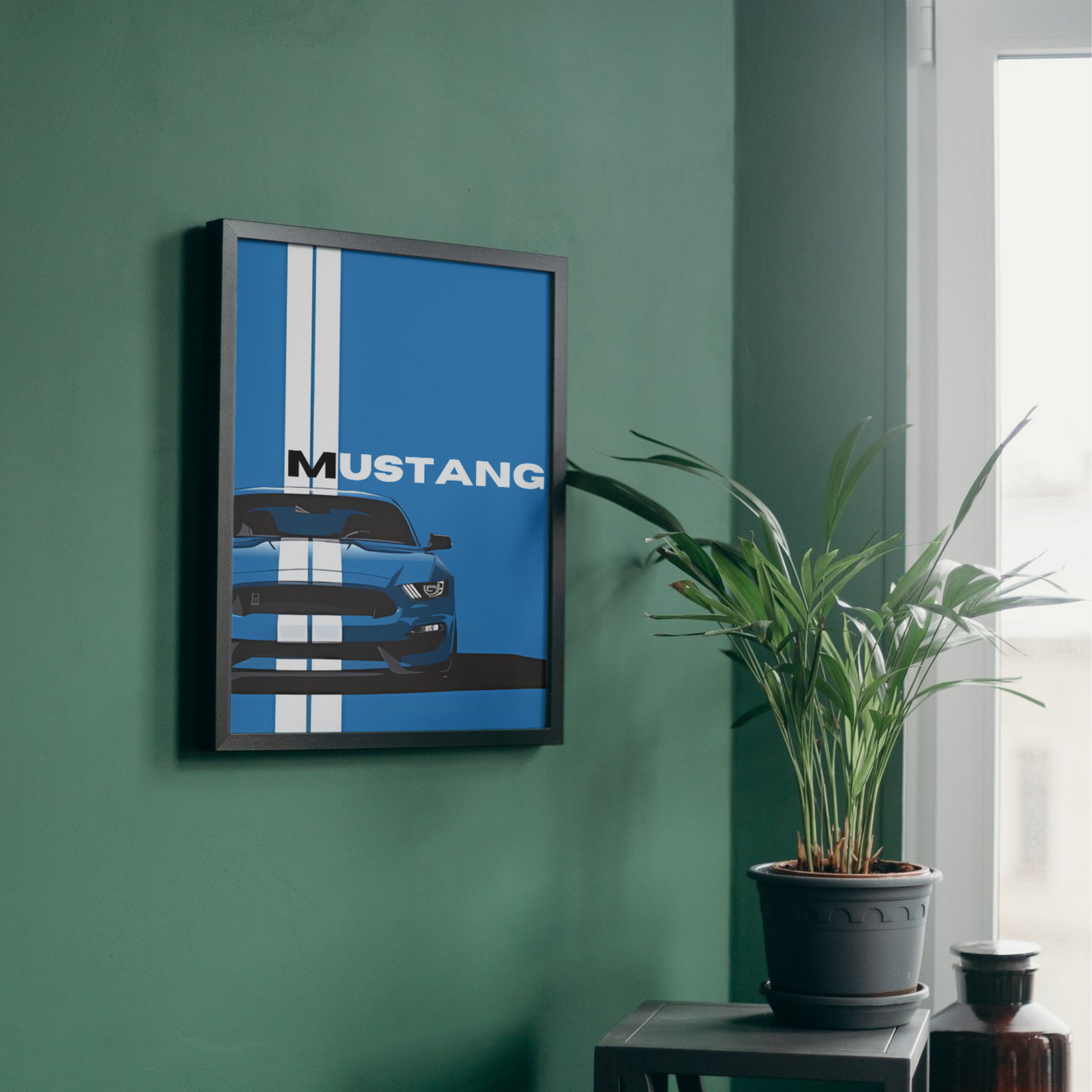 Mustang wall art featuring a blue sports car with bold white racing stripes, designed for modern wall decor in car enthusiasts' spaces.