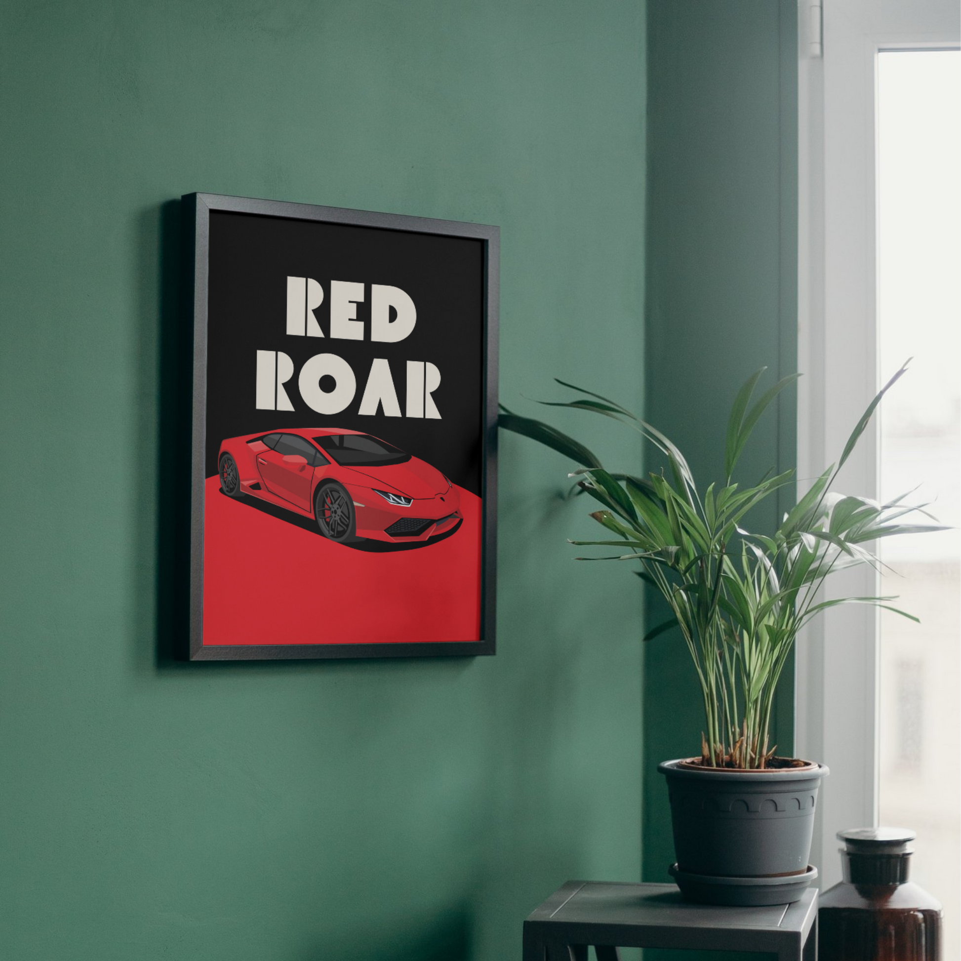 Red sports car artwork titled 'Red Roar,' designed as modern wall art for automotive enthusiasts, perfect for wall decor or wall posters in contemporary spaces.