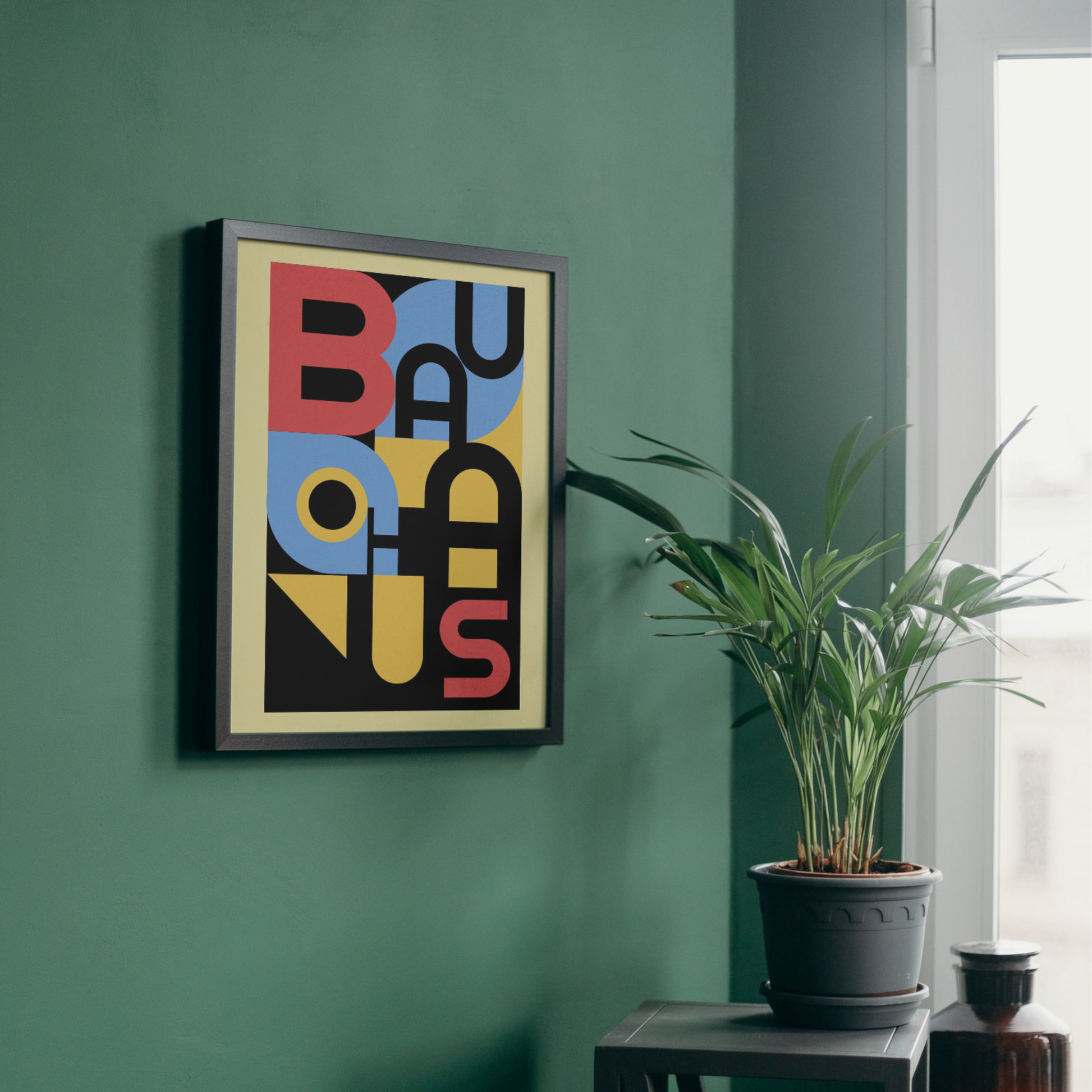 "Colorful Bauhaus poster with bold typography in red, blue, and yellow, framed for a vibrant wall art addition.




