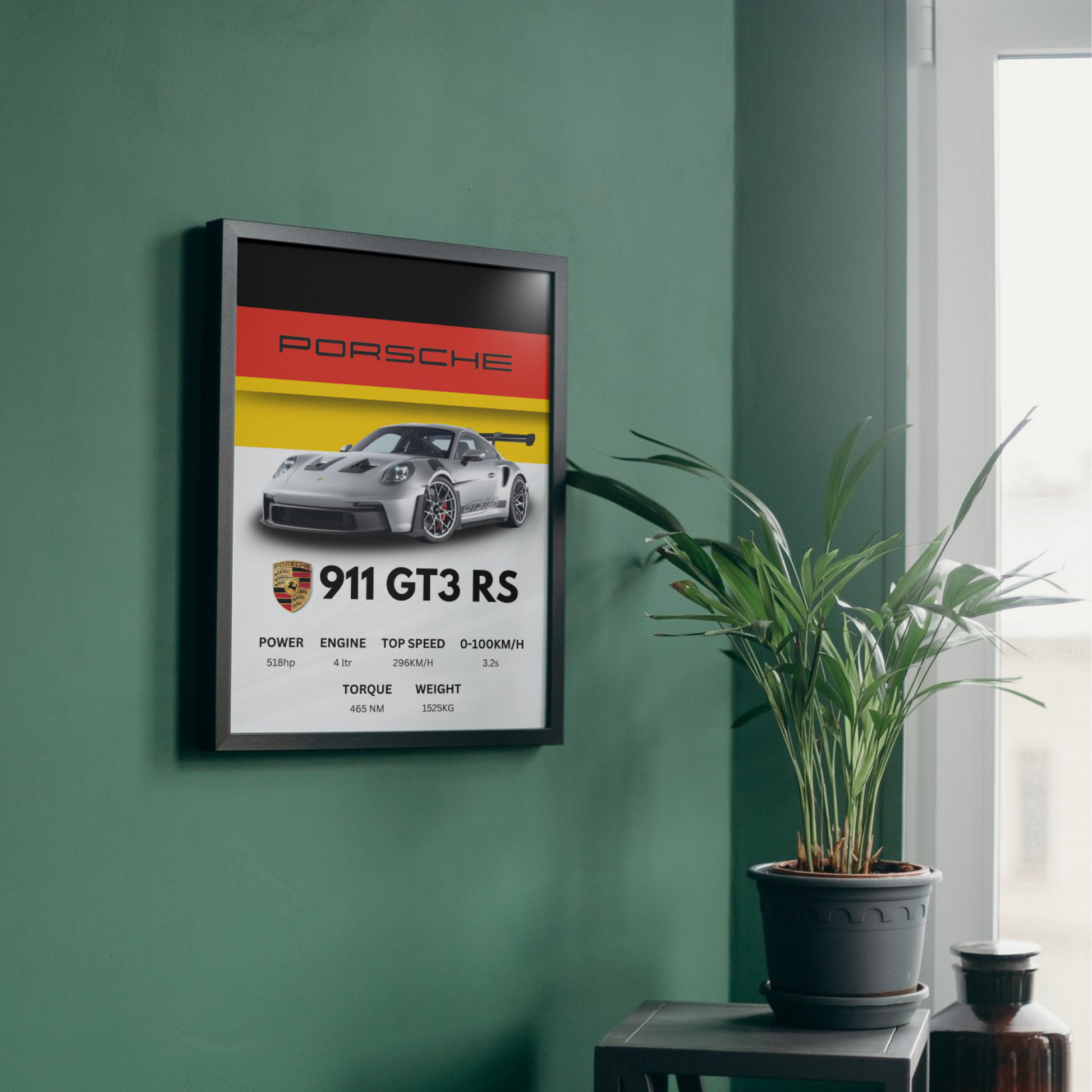 Porsche 911 GT3 RS wall art poster with performance specifications, ideal for modern wall decor in car enthusiast spaces.