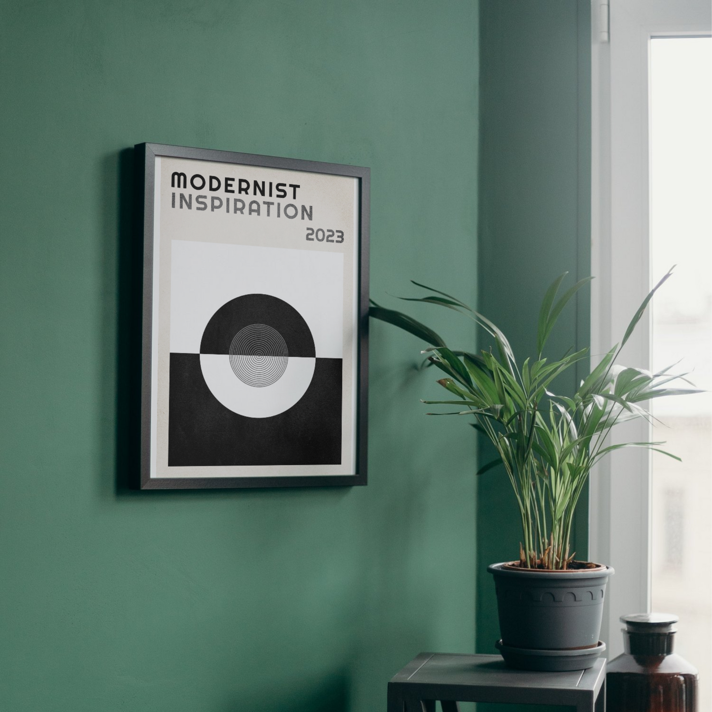 Black and white modernist-inspired wall art poster, framed for minimalist interior wall decor.




