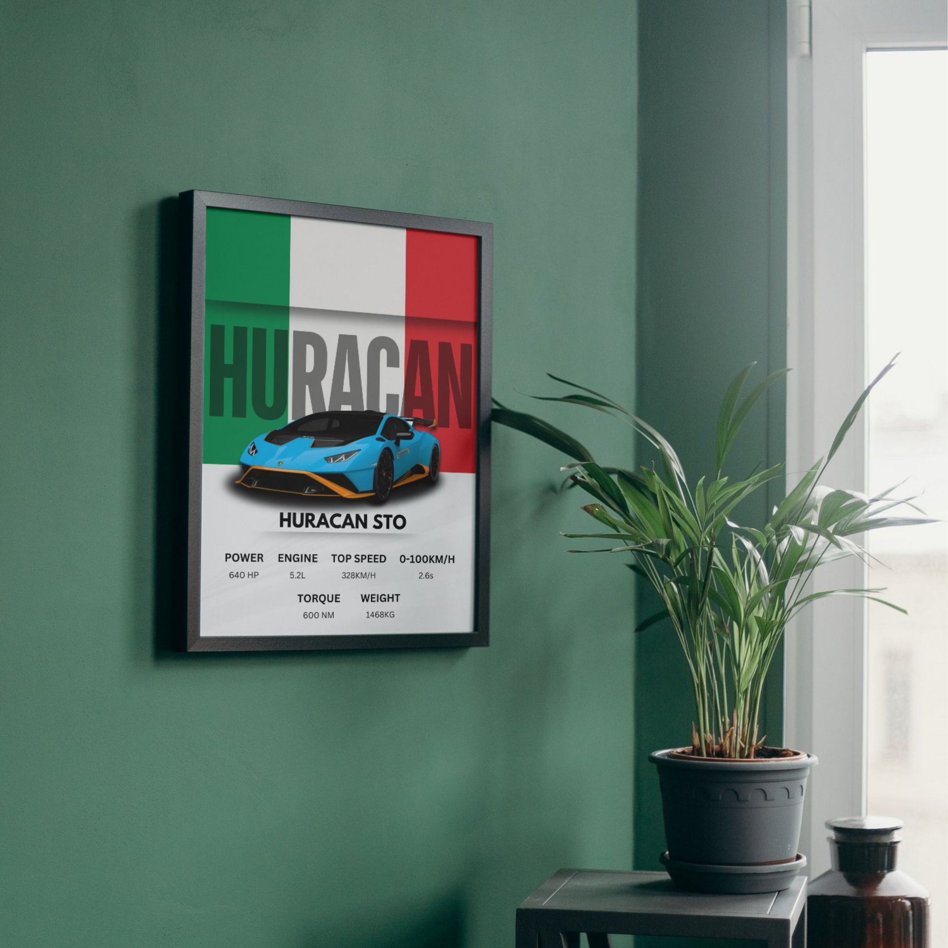 Huracan STO wall art poster with performance specs, ideal for modern wall decor or automotive-themed spaces.