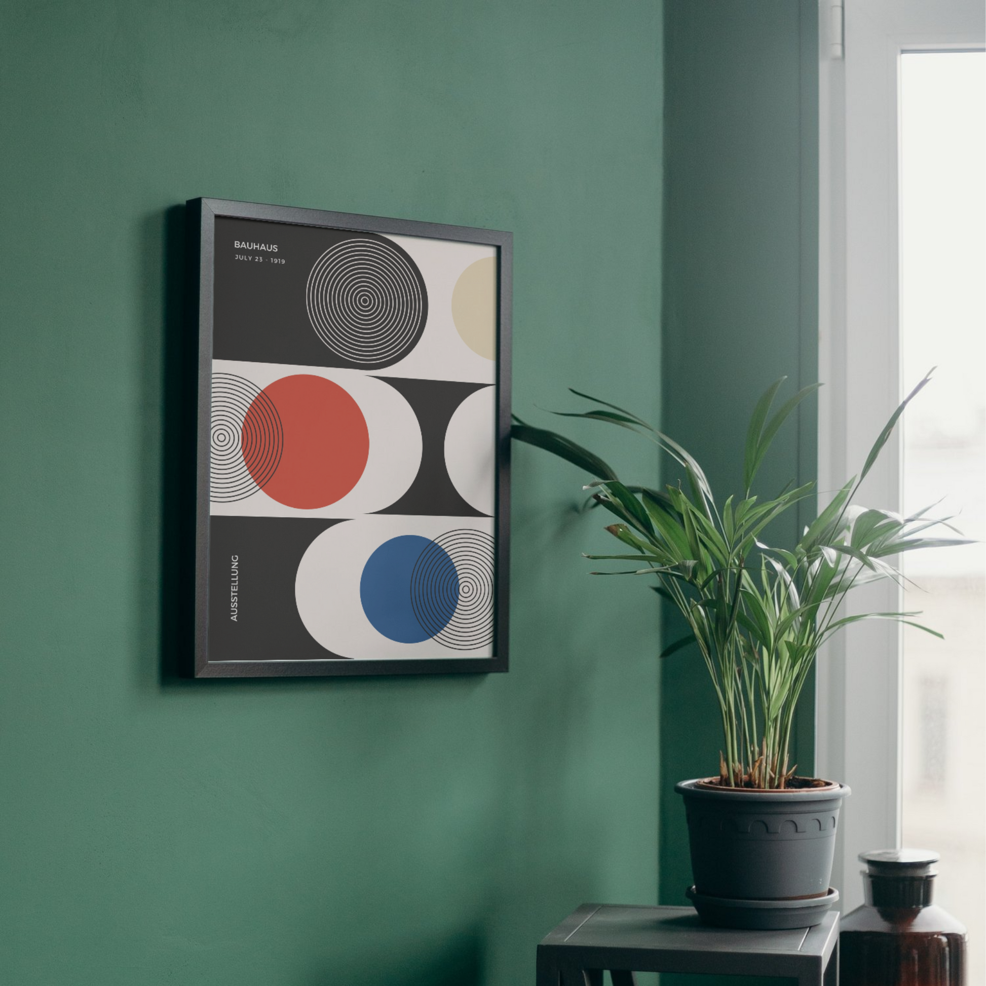 Bauhaus-inspired poster featuring abstract concentric circles in black, red, blue, and beige, framed for stylish wall decor




