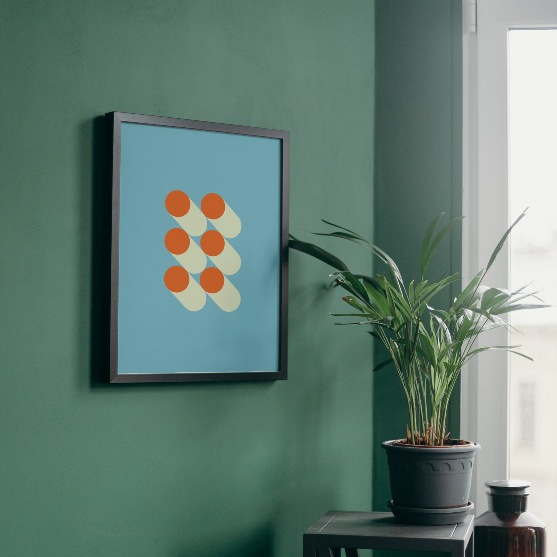 Minimalist abstract poster with six cylinder shapes in orange and cream on a blue background, framed for modern wall decoration.



