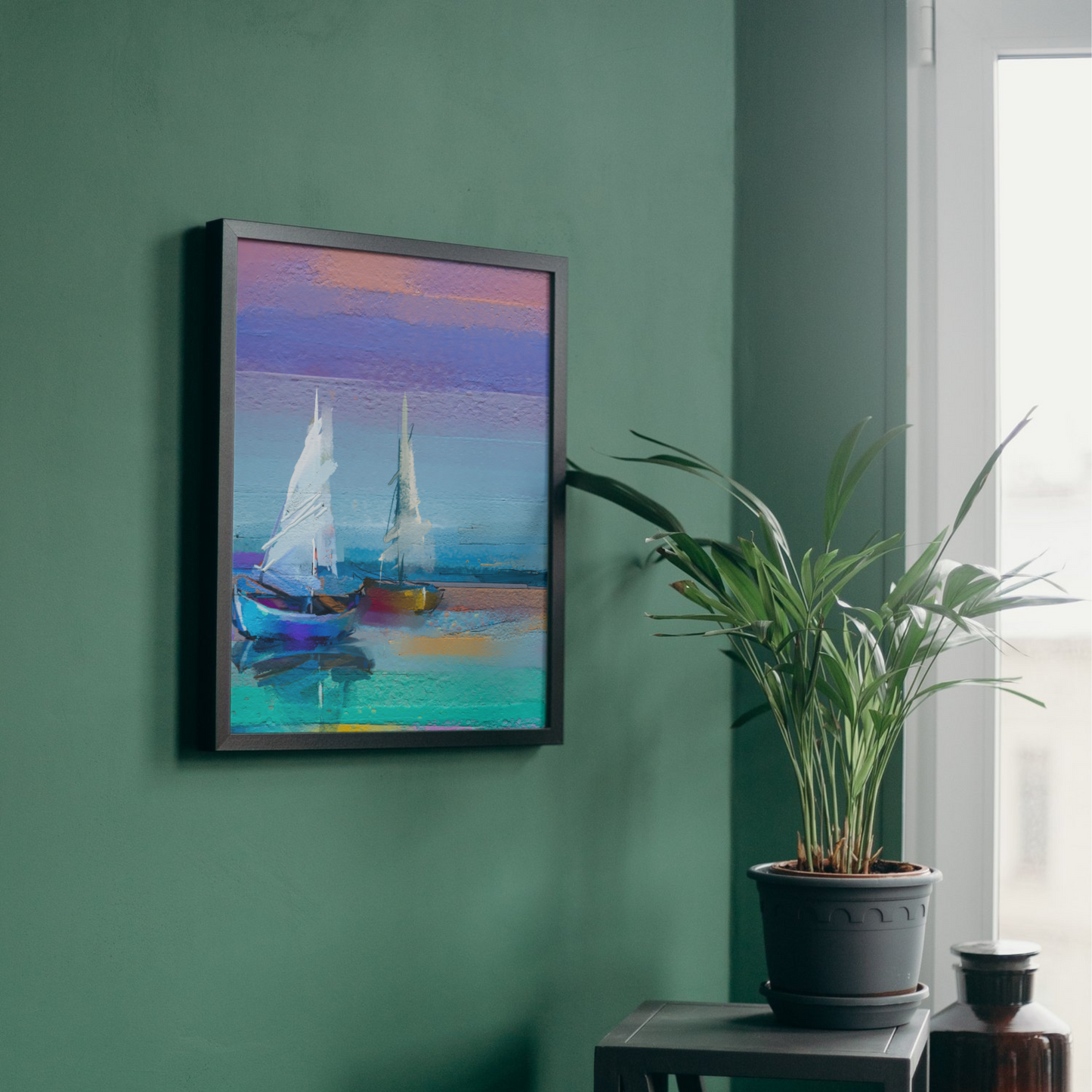 Framed abstract wall art of sailboats on calm water with colorful sky, ideal for modern home decor, from The Modern Curated Creations.